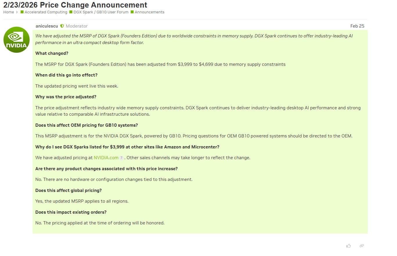 NVIDIA Raises DGX Spark Pricing to $4,700